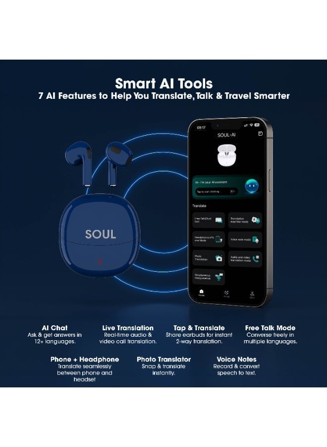 Xcell سماعات الأذن الذكية Xcell SOUL-AI – ترجمة مكالمات حية وفيديو بأكثر من 160 لغة، مساعد ذكي، ترجمة صور وصوت، صوت عالي الجودة بلوتوث 5.4، بطارية 6 ساعات، ضمان 2 سنة، لون أزرق - Image 5